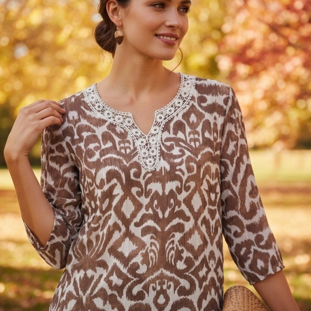 Alfred Dunner Women's Boho V-Neck Blouse Sz 12 Embroidered Ikat Animal Print Top